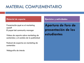 MATERIAL COMPLEMENTARIO
Material de soporte

Ejercicios y actividades

Presentación ¿qué es el marketing
social?
El papel del community manager

Apertura de foro de
presentación de los
estudiantes

Videos de soporte sobre marketing de
contenidos y el cambio de la publicidad

Podcast de expertos en marketing de
contenidos
Webgrafía de interés

 