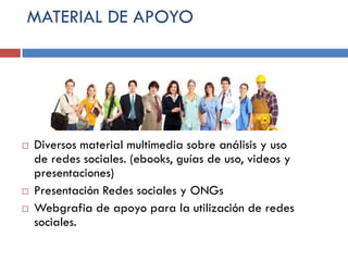 MATERIAL DE APOYO






Diversos material multimedia sobre análisis y uso
de redes sociales. (ebooks, guías de uso, videos y
presentaciones)
Presentación Redes sociales y ONGs
Webgrafia de apoyo para la utilización de redes
sociales.

 
