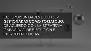 LAS OPORTUNIDADES DEBEN SER
GESTIONADAS COMO PORTAFOLIO,
DE ACUERDO CON LA ESTRATEGIA,
CAPACIDAD DE EJECUCIÓN E
INTERDEPENDENCIAS
 