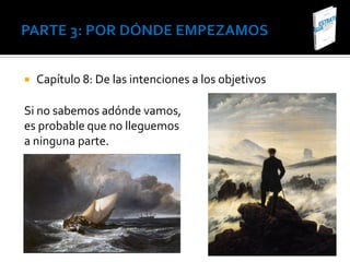    Capítulo 8: De las intenciones a los objetivos

Si no sabemos adónde vamos,
es probable que no lleguemos
a ninguna parte.
 
