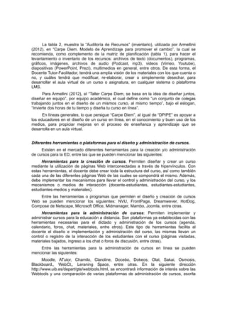 La tabla 2, muestra la “Auditoría de Recursos” (inventario), utilizada por Armellinii
(2012), en “Carpe Diem. Modelo de Aprendizaje para promover el cambio”, la cual se
recomienda, como complemento de la matriz de planificación (tabla 1), para hacer el
levantamiento o inventario de los recursos: archivos de texto (documentos), programas,
gráficos, imágenes, archivos de audio (Podcast, mp3), videos (Vimeo, Youtube),
diapositivas (PowerPoint, Prezi), multimedios en general, entre otros. De esta forma, el
Docente Tutor-Facilitador, tendrá una amplia visión de los materiales con los que cuenta o
no, y cuáles tendrá que modificar, re-elaborar, crear o simplemente desechar, para
desarrollar el aula virtual de un curso o asignatura, en cualquier sistema o plataforma
LMS.
      Para Armellini (2012), el “Taller Carpe Diem, se basa en la idea de diseñar juntos,
diseñar en equipo”, por equipo académico, el cual define como “un conjunto de colegas
trabajando juntos en el diseño de un mismos curso, al mismo tiempo”, bajo el eslogan,
“Invierte dos horas de tu tiempo y diseña tu curso en línea”.
      En líneas generales, lo que persigue “Carpe Diem”, al igual de “DPIPE” es apoyar a
los educadores en el diseño de un curso en línea, en el conocimiento y buen uso de los
medios, para propiciar mejoras en el proceso de enseñanza y aprendizaje que se
desarrolla en un aula virtual.


Diferentes herramientas o plataformas para el diseño y administración de cursos.
     Existen en el mercado diferentes herramientas para la creación y/o administración
de cursos para la ED, entre las que se pueden mencionar las siguientes:
     Herramientas para la creación de cursos. Permiten diseñar y crear un curso
mediante la utilización de páginas Web interconectadas a través de hipervínculos. Con
estas herramientas, el docente debe crear toda la estructura del curso, así como también
cada una de las diferentes páginas Web de las cuales se compondrá el mismo. Además,
debe implementar los mecanismos para llevar el control y administración del curso, y los
mecanismos o medios de interacción (docente-estudiantes, estudiantes-estudiantes,
estudiantes-medios y materiales).
    Entre las herramientas o programas que permiten el diseño y creación de cursos
Web se pueden mencionar los siguientes: NVU, FrontPage, Dreamwever, HotDog,
Compose de Netscape, Microsoft Office, Midmanager, Mambo, Joomla, entre otras.
     Herramientas para la administración de cursos: Permiten implementar y
administrar cursos para la educación a distancia. Son plataformas ya establecidas con las
herramientas necesarias para el dictado y administración de los cursos (agenda,
calendario, foros, chat, materiales, entre otros). Este tipo de herramientas facilita al
docente el diseño e implementación y administración del curso, las mismas llevan un
control o registro de la interacción de los estudiantes con el curso (páginas visitadas,
materiales bajados, ingreso a los chat o foros de discusión, entre otras).
    Entre las herramientas para la administración de cursos en línea se pueden
mencionar las siguientes:
       Moodle, ATutor, Chamilo, Claroline, Docebo, Dokeos, Olat, Sakai, Osmosis,
Blackboard,, WebCt,, Leraning Space, entre otras. En la siguiente dirección
http://www.uib.es/depart/gte/webtools.html, se encontrará información de interés sobre las
Webtools y una comparación de varias plataformas de administración de cursos, escrita
 