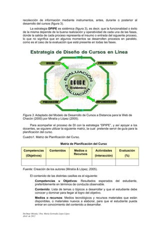 recolección de información mediante instrumentos, antes, durante o posterior al
desarrollo del cursos (figura 3).
      La estrategia DPIPE es sistémica (figura 3), es decir, que la funcionalidad o éxito
de la misma depende de la buena realización y operatividad de cada una de las fases,
donde la salida de cada proceso representa el insumo o entrada del siguiente proceso,
lo que no significa que en algunos momentos se desarrollen procesos en paralelo,
como es el caso de la evaluación que está presente en todas las fases.




Figura 3. Adaptado del Modelo de Desarrollo de Cursos a Distancia para la Web de
Chacón (2000) por Miratía y López (2005).

      Para acompañar el proceso de DI con la estrategia “DPIPE”, y así apoyar a los
docentes, se siguiere utilizar la siguiente matriz, la cual pretende servir de guía para la
planificación del curso.
Cuadro1. Matriz de Planificación del Curso.

                                        Matriz de Planificación del Curso

Competencias                Contenidos               Medios o   Actividades       Evaluación
                                                     Recursos
   (Objetivos)                                                  (Interacción)          (%)



Fuente: Creación de los autores (Miratía & López, 2005).

       El contenido de las distintas casillas es el siguiente:
            Competencias u Objetivos: Resultados esperados                      del   estudiante,
            preferiblemente en términos de conducta observable.
            Contenido: Lista de temas o tópicos a desarrollar y que el estudiante debe
            conocer y dominar para llegar al logro del objetivo.
            Medios o recursos: Medios tecnológicos y recursos materiales que están
            disponibles, o materiales nuevos a elaborar, para que el estudiante pueda
            entrar en conocimiento del contenido a desarrollar.

Dr.Omar Miratía / Dra. María Gertrudis López López
Abril de 2012
 