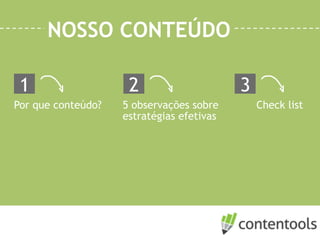 TEX.DO| www.temconteudo.com | /canaltexdo @tex_do
NOSSO CONTEÚDO
Por que conteúdo?
1
5 observações sobre
estratégias efetivas
2 3
Check list
 