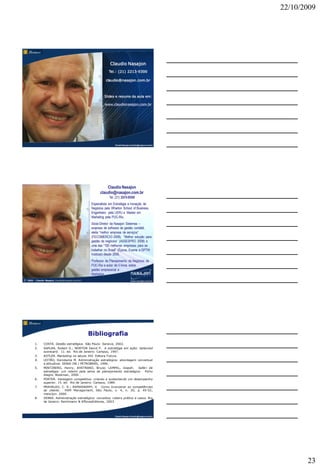 22/10/2009




                                                                   Claudio Nasajon
                                                                  Tel.: (21) 2213-9300

                                                                claudio@nasajon.com.br



                                                               Slides e resumo da aula em:

                                                               www.claudionasajon.com.br




                                                                      Claudio Nasajon (claudio@nasajon.com.br)




                                                                Claudio Nasajon
                                                            claudio@nasajon.com.br
                                                                  Tel. (21) 2213-9300
                                                      Especialista em Estratégia e Inovação de
                                                      Negócios pela Wharton School of Business,
                                                      Engenheiro pela UERJ e Master em
                                                      Marketing pela PUC-Rio.
                                                      Sócio-Diretor da Nasajon Sistemas –
                                                      empresa de software de gestão contábil,
                                                      eleita “melhor empresa de serviços”
                                                      (FECOMERCIO 2008), “Melhor solução para
                                                      gestão de negócios” (ASSESPRO 2008) e
                                                      uma das “100 melhores empresas para se
                                                      trabalhar no Brasil” (Época, Exame e GPTW
                                                      Institute) desde 2005.
                                                      Professor de Planejamento de Negócios da
                                                      PUC-Rio e autor de 5 livros sobre
                                                      gestão empresarial e
                                                      Marketing.
© 2009   – Claudio Nasajon (claudio@nasajon.com.br)                   Claudio Nasajon (claudio@nasajon.com.br)




                                                      Bibliografia
         1.      COSTA. Gestão estratégica. São Paulo: Saraiva, 2002.
         2.      KAPLAN, Robert S.; NORTON David P. A estratégia em ação: balanced
                 scorecard. 11. ed. Rio de Janeiro: Campus, 1997.
         3.      KOTLER. Marketing no século XXI. Editora Futura.
         4.      LEITÃO, Dorodame M. Administração estratégica: abordagem conceitual
                 e atitudinal. SENAI DN / PETROBRÁS, 1996.
         5.      MINTZBERG, Henry; AHSTRAND, Bruce; LAMPEL, Joseph. Safári de
                 estratégia: um roteiro pela selva do planejamento estratégico. Porto
                 Alegre: Bookman, 2000 .
         6.      PORTER. Vantagem competitiva: criando e sustentando um desempenho
                 superior. 15. ed. Rio de Janeiro: Campus, 1989.
         7.      PRAHALAD, C. K.; RAMASWAMY, V. Como incorporar as competências
                 do cliente.   HSM Management, São Paulo, v. 4, n. 20, p. 45-52,
                 maio/jun. 2000.
         8.      SERRA. Administração estratégica: conceitos, roteiro prático e casos. Rio
                 de Janeiro: Reichmann & AffonsoEditores, 2003.




                                                                      Claudio Nasajon (claudio@nasajon.com.br)




                                                                                                                        23
 