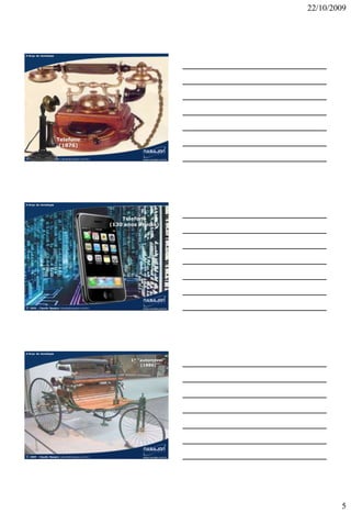 22/10/2009




A força da tecnologia




                        Telefone
                         (1876)

© 2009   – Claudio Nasajon (claudio@nasajon.com.br)        Claudio Nasajon (claudio@nasajon.com.br)




A força da tecnologia




                                                          Telefone
                                                      (130 anos depois)




© 2009   – Claudio Nasajon (claudio@nasajon.com.br)        Claudio Nasajon (claudio@nasajon.com.br)




A força da tecnologia


                                                               1º “automóvel”
                                                                   (1886)




© 2009   – Claudio Nasajon (claudio@nasajon.com.br)        Claudio Nasajon (claudio@nasajon.com.br)




                                                                                                              5
 