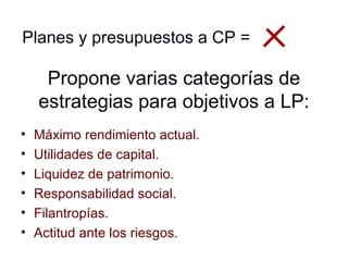 Propone varias categorías de estrategias para objetivos a LP: Máximo rendimiento actual. Utilidades de capital. Liquidez de patrimonio. Responsabilidad social. Filantropías. Actitud ante los riesgos. Planes y presupuestos a CP = 