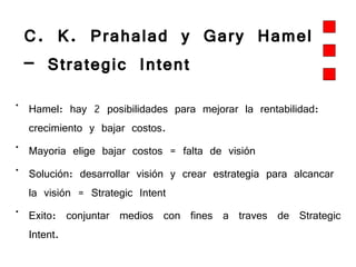 C. K. Prahalad y Gary Hamel – Strategic Intent Hamel: hay 2 posibilidades para mejorar la rentabilidad: crecimiento y bajar costos.  Mayoria elige bajar costos = falta de visión Solución: desarrollar visión y crear estrategia para alcancar la visión = Strategic Intent  Exito: conjuntar medios con fines a traves de Strategic Intent.   