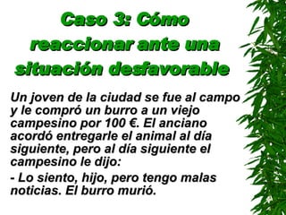 Caso 3: Cómo reaccionar ante una situación desfavorable   Un joven de la ciudad se fue al campo y le compró un burro a un viejo campesino por 100 €. El anciano acordó entregarle el animal al día siguiente, pero al día siguiente el campesino le dijo: - Lo siento, hijo, pero tengo malas noticias. El burro murió. 