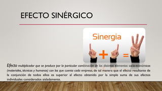 EFECTO SINÉRGICO
Efecto multiplicador que se produce por la particular combinación de los distintos elementos socio-económicos
(materiales, técnicos y humanos) con los que cuenta cada empresa, de tal manera que el efecto resultante de
la conjunción de todos ellos es superior al efecto obtenido por la simple suma de sus efectos
individuales considerados aisladamente.
 