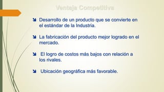 Ventaja Competitiva
 Desarrollo de un producto que se convierte en
el estándar de la Industria.
 La fabricación del producto mejor logrado en el
mercado.
 El logro de costos más bajos con relación a
los rivales.
 Ubicación geográfica más favorable.
 
