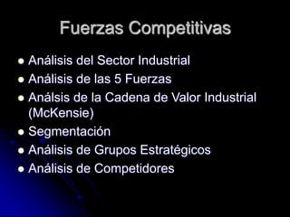 Fuerzas Competitivas
 Análisis del Sector Industrial
 Análisis de las 5 Fuerzas
 Análsis de la Cadena de Valor Industrial
(McKensie)
 Segmentación
 Análisis de Grupos Estratégicos
 Análisis de Competidores
 