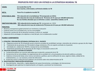 VISION: Un mundo libre de TB:
Cero muertes, enfermedad y sufrimiento debido a la TB
META: Poner fin a la epidemia mundial TB
HITOS PARA EL 2025: 75% reducción de la mortalidad por TB (comparada con 2015);
50% reducción de la tasa de incidencia de TB (menos de 55 casos por 100,000 habitantes)
No mas familias afectadas que se enfrenten a costos catastróficos debido a la TB
OBJETIVOS PARA 2035: 95% reducción de las muertes por TB (comparada con 2015)
90% reducción de la tasa de incidencia de TB (menos de 10 casos por 100.000 habitantes)
PRINCIPIOS:
• Rectoría y transparencia gubernamental con monitoreo y evaluación
• Coalición fuerte con la sociedad civil y con las comunidades
• Promoción y protección de los derechos humanos, la ética y la equidad
• Adaptación de la estrategia y los objetivos a nivel del país, con la colaboración mundial
PILARES Y COMPONENTES
1. ATENCIÓN Y PREVENCIÓN INTEGRADA CENTRADA EN EL PACIENTE
A. Diagnóstico precoz de TB incluyendo acceso universal a pruebas de sensibilidad; tamizaje sistemático de contactos y grupos de alto riesgo
B. Tratamiento de las personas con TB incluido la drogo-resistencia a TB, con soporte centrado en el paciente
C. Actividades de colaboración TB/VIH y manejo de las comorbilidades
D. Tratamiento preventivo de las personas de alto riesgo y la vacunación contra la TB
2. POLITICAS AUDACES Y SISTEMA DE SOPORTE
A. Compromiso político con recursos adecuados para la atención y prevención de la TB
B. Compromiso de las comunidades, las organizaciones de la sociedad civil, y los proveedores de atención públicos y privados
C. Cobertura Universal de Salud, otros marcos normativos y políticas para la notificación de casos, registros vitales, calidad de los
medicamentos y su uso racional y control de infecciones
D. Protección social, la reducción de la pobreza y las acciones sobre otros determinantes de TB
3. INVESTIGACIÓN E INNOVACIÓN INTESIFICADA
A. Descubrimiento, desarrollo y rápida adopción de nuevas herramientas, y estrategias de intervenciones
B. Investigación para optimizar la implementación y el impacto, y promover las innovaciones
PROPUESTA POST-2015 UN VISTAZO A LA ESTRATEGIA MUNDIAL TB
 