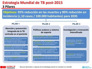 Atención y prevención
Integrada de la TB
centrada en el paciente
Diagnóstico precoz de la TB incluyendo
acceso universal a pruebas de
sensibilidad; tamizaje sistemático de
los contactos y grupos de alto riesgo
Tratamiento de las personas con TB
incluido la drogo-resistencia a TB, con el
soporte centrado en el paciente
Actividades de colaboración TB/VIH y
manejo de comorbilidades
Tratamiento preventivo para los grupos
de alto riesgo y la vacunación de los
niños
Políticas audaces y sistema
de soporte
Compromiso político con recursos
adecuados para la atención y prevención de
TB
Compromiso de las comunidades, las
organizaciones de la sociedad civil y todos
los proveedores de atención públicos y
privados
Política de Cobertura Universal de Salud;
marcos normativos para la notificación de
casos, registros vitales , calidad de los
medicamentos, su uso racional y el control
de infecciones
Protección social, la reducción de la pobreza
y las acciones sobre otros determinantes de
TB
Investigación e innovación
intensificada
Descubrimiento, desarrollo y
rápida adopción de nuevas
herramientas, y estrategias de
intervenciones
Investigación para optimizar la
implementación y el impacto, y
promover las innovaciones
Objetivos: 95% reducción en las muertes y 90% reducción en
incidencia (< 10 casos / 100.000 habitantes) para 2035
Estrategia Mundial de TB post-2015
3 Pilares
PILAR 1 PILAR 2 PILAR 3
Nuevos elementos o mejoras de la estrategia actual se muestran en amarillo
 