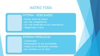 MATRIZ FODA
INTERNA - DEBILIDADES
• Pensar antes de hablar
• Ser mas compañerista
• Ser mas moderado en los comentarios
• Malgeniado a ratos
INTERNA FORTALEZAS
• Colaborador
• Responsable en mis actividades
• Imparcial en decisiones tomadas
• Me considero un ser feliz
 