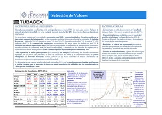 Selección de Valores

 FACTORES QUE APOYAN LA INVERSIÓN                                                                                   FACTORES A VIGILAR
 -Elevada concentración en el sector, sólo siete productores copan el 75% del mercado, siendo Tubacex el            -Accionariado: posible desinversión de CaixaBank
 segundo productor mundial, con una cuota de mercado mundial del 22%. Importantes barreras de entrada               (antigua Banca Cívica, con una participación del 9%).
 en el sector.
                                                                                                                    - Exposición a factores volátiles como el precio del
 -La importante mejoría en los resultados esperados para 2012 y con continuidad en los años venideros se            petróleo y del níquel y riesgo divisa (un 25% de
 basa en un aumento de la demanda y en las siguientes medidas llevadas a cabo por la compañía: 1) Subidas           Ventas en dólares). Elevada ciclicidad y dependencia
 de precios: : diciembre’11 +6% (impacto mayo’12); abril’12 +3% (impacto septiembre’12); y octubre’12 +3%           del precio de las materias primas.
 (impacto abril’13); 2) Aumento de producción: implantación del tercer turno de trabajo en abril’12; 3)
                                                                                                                    - Revisión a la baja de las inversiones previstas en
 Inversión en nuevas capacidades en OCTG (aptos para trabajar en ambientes de temperaturas extremas y
                                                                                                                    petróleo, gas y energía por rebaja de expectativas de
 elevados niveles de corrosión) ante la mayor complejidad y demanda en las labores de exploración y
                                                                                                                    crecimiento y recorte en los precios del crudo.
 extracción en el sector petroquímico. Estos factores seguirán impactando positivamente en 2013.
                                                                                                                    - Niveles de endeudamiento. A pesar del esfuerzo por
 -Alta exposición al sector petroquímico (63%Ventas) y de energía (22%Ventas) de elevado crecimiento
                                                                                                                    reducir sus niveles de endeudamiento en los últimos
 esperado por el precio del petróleo, la falta de capacidad de refino y la industrialización de países
                                                                                                                    años, se espera para 2012e un ratio Deuda Neta/
 emergentes. El mercado brasileño, donde Tubacex es ya líder, concentra el mayor crecimiento de
                                                                                                                    EBITDA de 4x. La deuda está prácticamente al 100%
 inversiones en proyectos petroquímicos a nivel mundial.
                                                                                                                    ligada al circulante de la compañía.
 -La demanda se está viendo beneficiada desde diciembre 2011, por las medidas proteccionistas que impuso
 la Unión Europea para el mercado de tubos de acero inoxidable sin soldadura de las exportaciones de
 China por un período de 5 años.

 Estimación de Resultados 2009-2014e                                  2009-2010
                                                                      - Contracción de la demanda;
                                                                                                         Vinculación a                                          La elevada
                2009     2010     2011  2012e 2013e      2014e        - Desplome de las materias
                                                                                                        los precios del                                        correlación
Ventas         371,5    367,2    492,9  540,4  602,0     646,7        primas (petróleo y níquel);
                                                                                                         Crudo (2000-                                          histórica de
                                                                      - Presión en precios/
                                                                                                           enero´13)                          Precio del       Tubacex con
% Var.          2,7%    -1,2%    34,2%  9,6%   11,4%     7,4%
                                                                      márgenes.
                                                                                                                                                Crudo         respecto a los
EBITDA          -18,4    12,8     27,2   53,3   76,2      91,0                                                                                              precios del crudo
                                                                      Tubacex contaba con niveles
% Var.        -244,1%      -    112,5% 95,8% 43,0%       19,6%        de producción e inventarios                                                           por su exposición
Margen EBITDA      -    3,5%     5,5%   9,9%   12,6%     14,1%        elevados lo que le llevó a                                                              al sector de la
EBIT            -35,4    -5,9      6,5   32,5   55,0      70,0        ajustar sus inventarios (por                                                            energía se ha
                                                                      menor valor del níquel) y a                                                             abierto en los
% Var.             -       -        -  400,3% 69,2%      27,3%
                                                                      cierres parciales de capacidad.                                                        últimos meses.
Bº Neto         -25,8    -6,5      3,7   16,0   32,9      42,7                                                                                               Ese diferencial
% Var.             -       -        -  333,2% 104,9%     30,0%                                                                                              debería reducirse
PER                -    -45,6     80,1   18,5    9,0       6,9                                                                                              a medida en que
                                                                                                                                               Tubacex
Rentab. Div.    3,7%    0,0%     0,0%   0,0%   2,5%      4,1%                                                                                                    se vayan
                                                                      Márgenes crecientes gracias a                                                         consolidando las
DFN            152,9    223,4    236,5  251,8  227,8     186,5        la incorporación de tubos                                                             mejoras esperadas
DFN/ EBITDA      -8,3    17,5      8,7    4,7    3,0       2,0        OCTG y Umbilicales.                                                                    en volúmenes y
                                                                                                                                                                            11
 www.gesconsult.es                               Fuente: Bloomberg.                                                                                               precios.
 