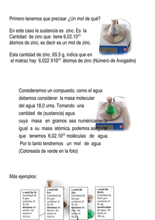 Primero tenemos que precisar ¿Un mol de qué?
En este caso la sustancia es zinc. Es la
Cantidad de zinc que tiene 6,02.1023
átomos de zinc, es decir es un mol de zinc.
Esta cantidad de zinc, 65.5 g, indica que en
el matraz hay 6,022 X1023
átomos de zinc (Número de Avogadro)
Consideramos un compuesto, como el agua
debemos considerar la masa molecular
del agua 18,0 uma. Tomando una
cantidad de (sustancia) agua
cuya masa en gramos sea numéricamente
igual a su masa atómica, podemos asegurar
que tenemos 6,02.1023
moléculas de agua.
Por lo tanto tendremos un mol de agua
(Coloreada de verde en la foto)
Más ejemplos:
1 mol de S:
Cantidad de
S que
contiene el
NA de
átomos de
azufre. Su
masa es
32,0 g.
1 mol de
H2O:
Cantidad de
H2O que
contiene el
NA de
moléculas
de agua. Su
masa es
18,0 g.
1 mol de
Fe:
Cantidad de
Fe que
contiene el
NA de
átomos de
hierro. Su
masa es
55,6 g.
1 mol de
Zn:
Cantidad de
Zn que
contiene el
NA de
átomos de
zinc. Su
masa es
65,5 g
 