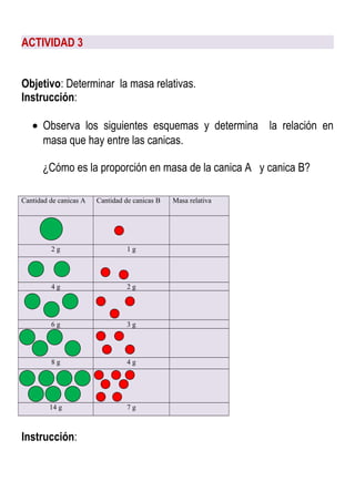 ACTIVIDAD 3
Objetivo: Determinar la masa relativas.
Instrucción:
• Observa los siguientes esquemas y determina la relación en
masa que hay entre las canicas.
¿Cómo es la proporción en masa de la canica A y canica B?
Cantidad de canicas A Cantidad de canicas B Masa relativa
2 g 1 g
4 g 2 g
6 g 3 g
8 g 4 g
14 g 7 g
Instrucción:
 