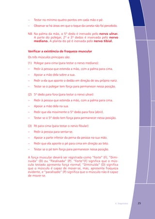 254. Diagnóstico
–	 Testar no mínimo quatro pontos em cada mão e pé.
–	 Observar se há áreas em que o toque da caneta não foi percebido.
NB:	Na palma da mão, o 5º dedo é inervado pelo nervo ulnar.
A parte do polegar, 2º e 3º dedos é invervada pelo nervo
mediano. A planta do pé é inervada pelo nervo tibial.
Verificar a existência de fraqueza muscular
Os três músculos principais são:
(1)	 Polegar para cima (para testar o nervo mediano):
–	 Pedir à pessoa que estenda a mão, com a palma para cima.
–	 Apoiar a mão dela sobre a sua.
–	 Pedir a ela que aponte o dedão em direção de seu próprio nariz.
–	 Testar se o polegar tem força para permanecer nessa posição.
(2) 	 5º dedo para fora (para testar o nervo ulnar):
–	 Pedir à pessoa que estenda a mão, com a palma para cima.
–	 Apoiar a mão dela na sua.
–	 Pedir que ela movimente o 5º dedo para fora (abrir).
–	 Testar se o 5º dedo tem força para permanecer nessa posição.
(3) 	 Pé para cima (para testar o nervo fibular):
–	 Pedir à pessoa para sentar-se.
–	 Apoiar a parte inferior da perna da pessoa na sua mão.
–	 Pedir que ela aponte o pé para cima em direção ao teto.
–	 Testar se o pé tem força para permanecer nessa posição.
A força muscular deverá ser registrada como “Forte” (F), “Dimi-
nuída” (D) ou “Paralisada” (P). “Forte”(F) significa que o mús-
culo testado apresenta força normal; “Diminuída” (D) significa
que o músculo é capaz de mover-se, mas, apresenta fraqueza
evidente, e “paralisado” (P) significa que o músculo não é capaz
de mover-se.
 