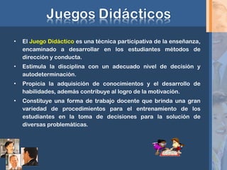 • El Juego Didáctico es una técnica participativa de la enseñanza,
encaminado a desarrollar en los estudiantes métodos de
dirección y conducta.
• Estimula la disciplina con un adecuado nivel de decisión y
autodeterminación.
• Propicia la adquisición de conocimientos y el desarrollo de
habilidades, además contribuye al logro de la motivación.
• Constituye una forma de trabajo docente que brinda una gran
variedad de procedimientos para el entrenamiento de los
estudiantes en la toma de decisiones para la solución de
diversas problemáticas.
 