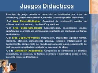 Este tipo de juego permite el desarrollo de habilidades por áreas de
desarrollo y dimensión académica, entre las cuales se pueden mencionar:
•Del área Físico-Biológica: Capacidad de movimiento, rapidez de
reflejos, destreza manual, coordinación y sentidos.
•Del área Socio-Emocional: Espontaneidad, socialización, placer,
satisfacción, expresión de sentimientos, resolución de conflictos, confianza
en sí mismos.
•Del área Cognitiva-Verbal: Imaginación, creatividad, agilidad mental,
memoria, atención, pensamiento creativo, lenguaje, interpretación de
conocimiento, comprensión del mundo, pensamiento lógico, seguimiento de
instrucciones, amplitud de vocabulario, expresión de ideas.
•De la Dimensión Académica: Apropiación de contenidos de diversas
asignaturas, en especial, de lectura, escritura y matemática donde el niño
presenta mayores dificultades.
 