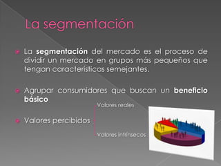    La segmentación del mercado es el proceso de
    dividir un mercado en grupos más pequeños que
    tengan características semejantes.

   Agrupar consumidores que buscan un beneficio
    básico
                         Valores reales

   Valores percibidos
                         Valores intrínsecos
 