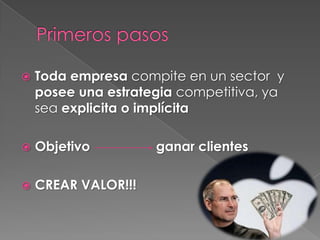    Toda empresa compite en un sector y
    posee una estrategia competitiva, ya
    sea explicita o implícita

   Objetivo         ganar clientes

   CREAR VALOR!!!
 