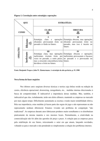 4

Figura 1. Correlação entre estratégia e operações


            QUE                                           ESTRATÉGIA


                                        CLARA                                 OBSCURA
     COMO

                                           I                            II
                          Estratégia clara e operações Estratégia obscura, mas operações
                          eficientes provocaram êxito no eficiente provocaram êxito no
                          passado e o farão no futuro.   passado, mas isso é incerto no
                                                         futuro.

                                          III                                    IV
                          Estratégia clara, mas operações        Estratégia obscura e operações
                          ineficientes tiveram êxito por         ineficientes provocaram o fracasso
                          vezes no passado, a curto prazo,       no passado e o provocarão no
                          mas a crescente concorrência torna     futuro.
                          duvidoso o êxito no futuro.


Fonte: Benjamin Tregoe e John W. Zimmermann. A estratégia da alta gerência, p. 19. 1988




Nova forma de fazer negócios


       Nos últimos anos surgiram diversas técnicas e teorias cuja ênfase reside na redução de
custos, eficiência operacional, downsizing, reengenharia, etc., medidas internas direcionadas à
busca de competitividade. É indiscutível a importância destas medidas. Mas, também, é
indiscutível que elas, isoladamente, terão um efeito efêmero, mantendo as empresas no mercado
por mais algum tempo. Dificilmente aumentarão as receitas e trarão maior rentabilidade efetiva.
Pela sua importância, estas medidas já fazem parte das regras do jogo e não representam ou não
representarão nenhum diferencial. Estamos vivendo um problema de competição “não
tradicional”. As empresas durante anos fabricaram produtos muito semelhantes e os distribuíram
praticamente da mesma maneira e nos mesmos locais. Normalmente, a criatividade na
comercialização não foi além das questões de preço e prazo. A solução para as empresas passa
pela redefinição do seu futuro, reinventando o setor em que atuam, lançando novidades,
voltando-se para o mercado e não prendendo-se simplesmente a solução dos problemas internos.
 
