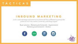 clothes
T Á C T I C A S
S E M
I N B O U N D M A R K E T I N G
Junto a esta estrategia aplicaremos los pilares del Inboud Marketing para poder
potenciar aun más nuestro contenido y estrategia digital.
Buyer persona – Marketing de Contenido – Segmentación
Marketing automatización – Análisis.
 