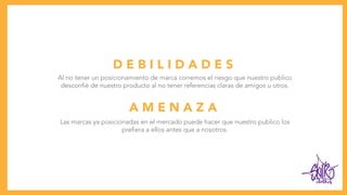 D E B I L I D A D E S
Al no tener un posicionamiento de marca corremos el riesgo que nuestro publico
desconfié de nuestro producto al no tener referencias claras de amigos u otros.
A M E N A Z A
Las marcas ya posicionadas en el mercado puede hacer que nuestro publico los
prefiera a ellos antes que a nosotros.
clothes
 