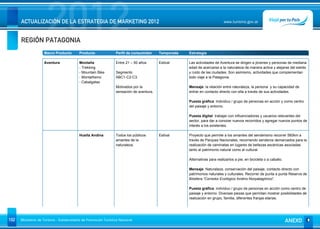 REGIÓN PATAGONIA
                      2012
      ACTUALIZACIÓN DE LA ESTRATEGIA DE MARKETING 2012                                                                      www.turismo.gov.ar




                    Macro Producto        Producto              Perfil de consumidor     Temporada   Estrategia

                    Aventura              Montaña               Entre 21 – 50 años       Estival     Las actividades de Aventura se dirigen a jóvenes y personas de mediana
                                          - Trekking                                                 edad de acercarse a la naturaleza de manera activa y alejarse del estrés
                                          - Mountain Bike       Segmento                             y ruido de las ciudades. Son asimismo, actividades que complementan
                                          - Montañismo          ABC1-C2-C3.                          todo viaje a la Patagonia.
                                          - Cabalgatas
                                                                Motivados por la                     Mensaje: la relación entre naturaleza, la persona y su capacidad de
                                                                sensación de aventura.               entrar en contacto directo con ella a través de sus actividades.

                                                                                                     Puesta gráfica: Individuo / grupo de personas en acción y como centro
                                                                                                     del paisaje y entorno.

                                                                                                     Puesta digital: trabajar con influenciadores y usuarios relevantes del
                                                                                                     sector, para dar a conocer nuevos recorridos y agregar nuevos puntos de
                                                                                                     interés a los existentes.

                                          Huella Andina         Todos los públicos       Estival     Proyecto que permite a los amantes del senderismo recorrer 560km a
                                                                amantes de la                        través de Parques Nacionales, recorriendo senderos demarcados para la
                                                                naturaleza.                          realización de caminatas en lugares de bellezas escénicas asociadas
                                                                                                     tanto al patrimonio natural como al cultural.

                                                                                                     Alternativas para realizarlos a pie, en bicicleta o a caballo.

                                                                                                     Mensaje: Naturaleza, conservación del paisaje, contacto directo con
                                                                                                     patrimonios naturales y culturales. Recorrer de punta a punta Reserva de
                                                                                                     Biósfera “Corredor Ecológico Andino Norpatagónico”.

                                                                                                     Puesta gráfica: individuo / grupo de personas en acción como centro de
                                                                                                     paisaje y entorno. Diversas piezas que permitan mostrar posibilidades de
                                                                                                     realización en grupo, familia, diferentes franjas etarias.




102   Ministerio de Turismo - Subsecretaría de Promoción Turística Nacional                                                                                           ANEXO
 