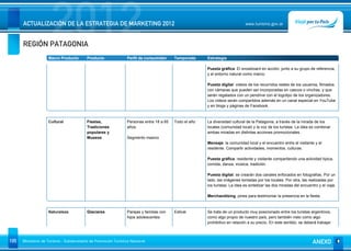 REGIÓN PATAGONIA
                      2012
      ACTUALIZACIÓN DE LA ESTRATEGIA DE MARKETING 2012                                                                       www.turismo.gov.ar




                    Macro Producto        Producto              Perfil de consumidor     Temporada     Estrategia

                                                                                                       Puesta gráfica: El snowboard en acción, junto a su grupo de referencia,
                                                                                                       y el entorno natural como marco.

                                                                                                       Puesta digital: videos de los recorridos reales de los usuarios, filmados
                                                                                                       con cámaras que pueden ser incorporadas en cascos o vinchas, y que
                                                                                                       serán regalados con un pendrive con el logotipo de los organizadores.
                                                                                                       Los videos serán compartidos además en un canal especial en YouTube
                                                                                                       y en blogs y páginas de Facebook.


                    Cultural              Fiestas,              Personas entre 18 a 65   Todo el año   La diversidad cultural de la Patagonia, a través de la mirada de los
                                          Tradiciones           años.                                  locales (comunidad local) y la voz de los turistas. La idea es combinar
                                          populares y                                                  ambas miradas en distintas acciones promocionales.
                                          Museos                Segmento masivo
                                                                                                       Mensaje: la comunidad local y el encuentro entre el visitante y el
                                                                                                       residente. Compartir actividades, momentos, culturas.

                                                                                                       Puesta gráfica: residente y visitante compartiendo una actividad típica,
                                                                                                       comida, danza, música, tradición.

                                                                                                       Puesta digital: se crearán dos canales enfocados en fotografías. Por un
                                                                                                       lado, las imágenes tomadas por los locales. Por otra, las realizadas por
                                                                                                       los turistas. La idea es sintetizar las dos miradas del encuentro y el viaje.

                                                                                                       Merchandising: pines para testimoniar la presencia en la fiesta.



                    Naturaleza            Glaciares             Parejas y familias con   Estival       Se trata de un producto muy posicionado entre los turistas argentinos,
                                                                hijos adolescentes                     como algo propio de nuestro país, pero también visto como algo
                                                                                                       prohibitivo en relación a su precio. En este sentido, se deberá trabajar



105   Ministerio de Turismo - Subsecretaría de Promoción Turística Nacional                                                                                           ANEXO
 