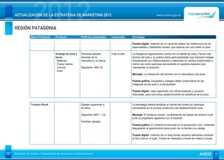 REGIÓN PATAGONIA
                      2012
      ACTUALIZACIÓN DE LA ESTRATEGIA DE MARKETING 2012                                                                       www.turismo.gov.ar




                    Macro Producto        Producto              Perfil de consumidor     Temporada     Estrategia

                                                                                                       Puesta digital: creación de un canal de videos con testimonios de los
                                                                                                       especialistas y habitantes locales, que explicar por qué visitar la zona.

                                          Avistaje de aves y    Personas adultas,        Todo el año   La Patagonia seguramente cuenta con el hábitat de aves y fauna más
                                          fauna                 amantes de la                          diverso del país y su público tiene particularidades que merecen trabajar
                                          - Ballenas            naturaleza y su fauna.                 directamente con influenciadores y referentes en medios tradicionales y
                                          - Fauna marina                                               online, así como participar activamente en aquellos espacios que
                                          - Ciervos             Segmento ABC1/2.                       representen el producto.
                                          - Aves
                                                                                                       Mensaje: La interacción del hombre con la naturaleza y las aves.

                                                                                                       Puesta gráfica: Geografía y paisajes deben preponderar en las
                                                                                                       imágenes de las aves y la tranquilidad.

                                                                                                       Puesta digital: viaje organizado con influenciadores y usuarios
                                                                                                       relevantes, para comunicar posteriormente los atractivos de la zona.


                    Turismo Rural                               Edades superiores a                    La estrategia deberá enfatizar el interés del turista por participar
                                                                50 años.                               activamente en el proceso productivo del establecimiento rural.

                                                                Segmento ABC1 - C2.                    Mensaje: El turista en acción, compartiendo las tareas del entorno rural
                                                                                                       junto al propietario siguiendo con la tradición.
                                                                Familias, parejas.
                                                                                                       Puesta gráfica: El visitante involucrado en la producción rural. Visitantes
                                                                                                       degustando la gastronomía típica junto con la familia o su pareja.

                                                                                                       Puesta digital: creación de un blog donde usuarios relevantes contarán
                                                                                                       el día a día en el lugar. Puede ser realizado a través de videos o textos.




107   Ministerio de Turismo - Subsecretaría de Promoción Turística Nacional                                                                                           ANEXO
 