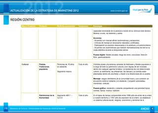 REGIÓN CENTRO
                      2012
      ACTUALIZACIÓN DE LA ESTRATEGIA DE MARKETING 2012                                                                    www.turismo.gov.ar




                    Macro Producto        Producto              Perfil de consumidor   Temporada     Estrategia

                                                                                                     capacidad dominante de la persona a bordo de su vehículo todo terreno.
                                                                                                     Mostrar cruces de badenes y vados.

                                                                                                     Acciones:
                                                                                                     - Acuerdos con marcas afines (automotrices y accesorios).
                                                                                                     - Clínicas de manejo en escenarios naturales y artificiales.
                                                                                                     - Participación en eventos relacionados a la aventura y el automovilismo.
                                                                                                     - Acuerdos con automotrices que realizan demostraciones de 4x4 en la
                                                                                                     costa atlántica durante la temporada estival.

                                                                                                     Puesta digital: Redes sociales, blogs de nicho, concursos, fotos en
                                                                                                     flickr, geolocalización.


                    Cultural              Fiestas,              Personas de 18 años    Todo el año   Córdoba posee una extensa variedad de festivales y fiestas populares a
                                          Tradiciones           en adelante.                         lo largo de todo su patrimonio cultural y son dignas de ser incluidas
                                          populares                                                  dentro de cualquier agenda turística. La existencia de una determinada
                                                                Segmento masivo                      cultura, la vestimenta, las artesanías, las danzas y la comida están
                                                                                                     plasmadas dentro de una fiesta, y hacen a la idiosincrasia de un pueblo.

                                                                                                     Mensaje: rasgos identitarios de la comunidad local y una conexión (el
                                                                                                     encuentro) entre el visitante y el residente. Compartir actividades,
                                                                                                     momentos, culturas.

                                                                                                     Puesta gráfica: residente y visitante compartiendo una actividad típica,
                                                                                                     comida, danza, música, tradición.

                                          Patrimonios de la     Segmento ABC1 –        Todo el año   En el lapso de tiempo comprendido entre 1599 (año de arribo de la orden
                                          Humanidad             C2-C3                                a nuestro territorio) y 1767 (año de expulsión de la orden), se estableció
                                                                                                     un sistema cultural-social, religioso, económico y territorial de la



115   Ministerio de Turismo - Subsecretaría de Promoción Turística Nacional                                                                                      ANEXO
 