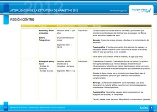 REGIÓN CENTRO
                      2012
      ACTUALIZACIÓN DE LA ESTRATEGIA DE MARKETING 2012                                                                       www.turismo.gov.ar




                    Macro Producto        Producto              Perfil de consumidor     Temporada     Estrategia

                                          Reservas y Áreas      Personas entre 21 y 65   Todo el año   Córdoba cuenta con varias reservas naturales y provinciales que
                                          protegidas.           años.                                  permiten la contemplación de distintos tipos de paisajes, con flora y
                                                                                                       fauna autóctona, espejos de agua.
                                          Safaris               Grupos familiares con
                                          Fotográficos          chicos.                                Mensaje: Grupos de amigos, parejas y familias en la contemplación del
                                                                                                       escenario.
                                                                Segmento ABC1 –
                                                                C2-C3                                  Puesta gráfica: El turista como centro de la atención del paisaje. La
                                                                                                       naturaleza deberá mostrarse como una forma de escape a la rutina y
                                                                                                       estilo de vida que se lleva en las ciudades.

                                                                                                       Hacer sentir una conexión entre el visitante y el lugar que visita.

                                          Avistaje de aves y    Personas adultas,        Todo el año   Quebrada del Condorito, Quebrada del Río de los Sauces. Su público
                                          fauna                 amantes de la                          tiene particularidades que merecen trabajar directamente con
                                          - Avistaje de         naturaleza y su fauna.                 influenciadores y referentes en medios tradicionales y online, así como
                                          Cóndores.                                                    participar activamente en aquellos espacios que representen el producto.
                                          - Avistaje de aves.   Segmento ABC1 – C2.
                                                                                                       Avistaje de fauna y aves, es un producto poco desarrollado para el
                                                                                                       mercado doméstico, pero con gran potencial como producto
                                                                                                       complementario.

                                                                                                       Mensaje: La interacción del hombre con la naturaleza y las aves.
                                                                                                       Generación de material gráfico específico con las diversas especies
                                                                                                       inventariadas. Webs específicas.

                                                                                                       Puesta gráfica: Geografía y paisajes deben preponderar en las
                                                                                                       imágenes de las aves y la tranquilidad.

                                                                                                       Fauna y paisaje, aves, personas fotografiando o contemplando y paisaje.



117   Ministerio de Turismo - Subsecretaría de Promoción Turística Nacional                                                                                          ANEXO
 