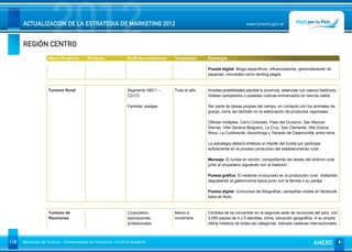 REGIÓN CENTRO
                      2012
      ACTUALIZACIÓN DE LA ESTRATEGIA DE MARKETING 2012                                                                     www.turismo.gov.ar




                    Macro Producto        Producto              Perfil de consumidor   Temporada     Estrategia

                                                                                                     Puesta digital: Blogs específicos, influenciadores, geolocalización de
                                                                                                     especies, microsites como landing pages.


                    Turismo Rural                               Segmento ABC1 –        Todo el año   Amplias posibilidades plantea la provincia, estancias con cascos históricos,
                                                                C2-C3.                               hoteles campestres o posadas rústicas enmarcados en sierras,valles.

                                                                Familias, parejas.                   Ser parte de tareas propias del campo, en contacto con los animales de
                                                                                                     granja, como así también en la elaboración de productos regionales.

                                                                                                     Ofertas múltiples, Cerro Colorado, Paso del Durazno, San Marcos
                                                                                                     Sierras, Villa General Belgrano, La Cruz, San Clemente, Alta Gracia,
                                                                                                     Nono, La Cumbrecita, Ascochinga y Yacanto de Calamuchita, entre otros.

                                                                                                     La estrategia deberá enfatizar el interés del turista por participar
                                                                                                     activamente en el proceso productivo del establecimiento rural.

                                                                                                     Mensaje: El turista en acción, compartiendo las tareas del entorno rural
                                                                                                     junto al propietario siguiendo con la tradición.

                                                                                                     Puesta gráfica: El visitante involucrado en la producción rural. Visitantes
                                                                                                     degustando la gastronomía típica junto con la familia o su pareja.

                                                                                                     Puesta digital: Concursos de fotografías, campañas virales en facebook,
                                                                                                     fotos en flickr.



                    Turismo de                                  Corporativo,           Marzo a       Córdoba se ha convertido en la segunda sede de reuniones del país, con
                    Reuniones                                   asociaciones           noviembre     3.000 plazas de 4 y 5 estrellas, clima, ubicación geográfica. A su amplia
                                                                profesionales.                       oferta hotelera de todas las categorías, liderada cadenas internacionales,



118   Ministerio de Turismo - Subsecretaría de Promoción Turística Nacional                                                                                         ANEXO
 