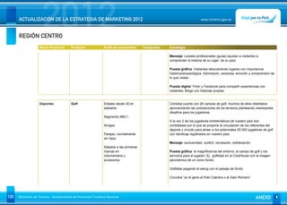 REGIÓN CENTRO
                      2012
      ACTUALIZACIÓN DE LA ESTRATEGIA DE MARKETING 2012                                                                     www.turismo.gov.ar




                    Macro Producto        Producto              Perfil de consumidor     Temporada   Estrategia

                                                                                                     Mensaje: Locales profesionales (guías) ayudan a visitantes a
                                                                                                     comprender la historia de su lugar, de su país.

                                                                                                     Puesta gráfica: Visitantes descubriendo lugares con importancia
                                                                                                     histórica/arqueológica. Admiración, sorpresa, emoción y comprensión de
                                                                                                     lo que visitan.

                                                                                                     Puesta digital: Flickr y Facebook para compartir experiencias con
                                                                                                     visitantes. Blogs con historias propias.


                    Deportes              Golf                  Edades desde 30 en                   Córdoba cuenta con 26 campos de golf, muchos de ellos diseñados
                                                                adelante.                            aprovechando las ondulaciones de los terrenos planteando interesantes
                                                                                                     desafíos para los jugadores.
                                                                Segmento ABC1.
                                                                                                     A la vez 2 de los jugadores emblemáticos de nuestro país son
                                                                Amigos                               cordobeses por lo que se propone la vinculación de los referentes del
                                                                                                     deporte y circuito para atraer a los potenciales 55.000 jugadores de golf
                                                                Parejas, normalmente                 con handicap registrados en nuestro país.
                                                                sin hijos.
                                                                                                     Mensaje: exclusividad, confort, recreación, sofisticación.
                                                                Adeptos a las primeras
                                                                marcas en                            Puesta gráfica: la magnificencia del entorno, el campo de golf y los
                                                                indumentaria y                       servicios para el jugador. Ej: golfistas en el ClubHouse con la imagen
                                                                accesorios.                          panorámica de un como fondo.

                                                                                                     Golfistas pegando el swing con el paisaje de fondo.

                                                                                                     Circuitos “yo le gane al Pato Cabrera o al Gato Romero”




120   Ministerio de Turismo - Subsecretaría de Promoción Turística Nacional                                                                                       ANEXO
 