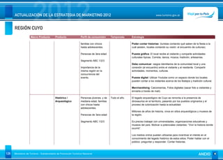 REGIÓN CUYO
                      2012
      ACTUALIZACIÓN DE LA ESTRATEGIA DE MARKETING 2012                                                                       www.turismo.gov.ar




                    Macro Producto        Producto              Perfil de consumidor     Temporada     Estrategia

                                                                familias con chicos                    Poder contar historias: (turistas contando qué saben de la fiesta a la
                                                                hasta adolescentes.                    cuál asisten, locales contando su visión: el encuentro de culturas).

                                                                Personas de 3era edad.                 Puesta gráfica: El local recibe al visitante y comparte actividades
                                                                                                       culturales típicas. Comida, danza, música, tradición, artesanías.
                                                                Segmento ABC 1/2/3
                                                                                                       Debe comunicar: rasgos identitarios de la comunidad local y una
                                                                Importancia de la                      conexión (el encuentro) entre el visitante y el residente. Compartir
                                                                misma región en la                     actividades, momentos, culturas.
                                                                concurrencia del
                                                                evento.                                Puesta digital: Utilizar Youtube como un espacio donde los locales
                                                                                                       pueden contar a los visitantes acerca de los festejos y tradición cultural.

                                                                                                       Merchandising: Calcomanías, Fotos digitales (sacar foto a visitantes y
                                                                                                       enviarla a través de mail).

                                          Histórico /           Personas jóvenes, y de   Todo el año   El legado arqueológico de Cuyo se remonta a la presencia de
                                          Arqueológico          mediana edad, familias                 dinosaurios en el territorio, pasando por los pueblos originarios y el
                                                                con chicos hasta                       proceso de colonización hasta la actualidad.
                                                                adolescentes.
                                                                                                       Millones de años de historia, vivos en sitios arqueológicos y museos de
                                                                Personas de 3era edad                  la región.

                                                                Segmento ABC 1/2/3                     Es preciso trabajar con universidades, organizaciones educativas y
                                                                                                       museos del país. Motivar a potenciales visitantes: “Vivir la historia donde
                                                                                                       ocurrió”.

                                                                                                       Los medios online pueden utilizarse para incentivar el interés en el
                                                                                                       conocimiento del legado histórico de estos sitios. Poder hablar con el
                                                                                                       público: preguntar y responder. Contar historias.



129   Ministerio de Turismo - Subsecretaría de Promoción Turística Nacional                                                                                          ANEXO
 