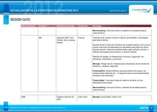 REGIÓN CUYO
                      2012
      ACTUALIZACIÓN DE LA ESTRATEGIA DE MARKETING 2012                                                                        www.turismo.gov.ar




                    Macro Producto        Producto              Perfil de consumidor       Temporada     Estrategia

                                                                                                         Merchandising: Gorros de invierno, carabiner de escalada (llavero),
                                                                                                         vasos térmicos.

                                          Ski                   Segmento ABC 1/2/3,        Invernal      Importancia de mostrar el entorno natural, accesibilidad, y actividades
                                                                Familia, niños, jóvenes,                 para toda la familia.
                                                                parejas.
                                                                                                         Muchas veces no todos los miembros de la familia esquían, por lo que es
                                                                                                         preciso comunicar las alternativas de actividades para éstos (ej niños y
                                                                                                         jóvenes esquían, mientras los padres visitan algún atractivo cercano, o
                                                                                                         disfrutan de la gastronomía local en un entorno natural).

                                                                                                         Además del paisaje, la infraestructura, servicios y seguridad son
                                                                                                         elementos importantes a comunicar.

                                                                                                         Mensaje: Paisaje natural, infraestructura (importancia de los medios de
                                                                                                         elevación y refugios), seguridad.

                                                                                                         Puesta gráfica: Mostrar familias, personas jóvenes (en grupo) y de
                                                                                                         mediana edad realizando ski. - El segmento joven es de características
                                                                                                         similares al de snowboard.

                                                                                                         Puesta digital: Concursos virales en redes en conjunto con los
                                                                                                         diferentes centros de ski.

                                                                                                         Merchandising: Gorros de invierno, carabiner de escalada (llavero),
                                                                                                         vasos térmicos.



                    Golf                                        Edades a partir de 35      Todo el año   Mensaje: Exclusividad, confort, ocio.
                                                                años.



136   Ministerio de Turismo - Subsecretaría de Promoción Turística Nacional                                                                                          ANEXO
 