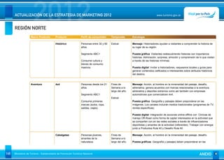 REGIÓN NORTE
                      2012
      ACTUALIZACIÓN DE LA ESTRATEGIA DE MARKETING 2012                                                                         www.turismo.gov.ar




                    Macro Producto        Producto              Perfil de consumidor     Temporada        Estrategia

                                          Histórico             Personas entre 30 y 60   Estival          Mensaje: Historiadores ayudan a visitantes a comprender la historia de
                                                                años.                                     su lugar de su región.

                                                                Segmento ABC1                             Puesta gráfica: Visitantes redescubriendo historias con importancia
                                                                                                          historias. Admiración, sorpresa, emoción y comprensión de lo que visitan
                                                                Consume cultura y                         a través de las historias mínimas.
                                                                bienes de consumo
                                                                masivos.                                  Puesta digital: Invitar a historiadores, vaqueanos locales y guías para
                                                                                                          generar contenidos calificados e interesantes sobre atributos históricos
                                                                                                          del destino.


                    Aventura              4x4                   Personas desde los 21    Fines de         Mensaje: Acción, al hombre en la inmensidad del paisaje, desafío,
                                                                años.                    Semana a lo      adrenalina, genera acuerdos con marcas relacionadas a la aventura,
                                                                                         largo del año.   adrenalina y deportes extremos como así también con empresas
                                                                Segmento ABC1                             automotrices que comercialicen 4x4.
                                                                                         Estival
                                                                Consume primeras                          Puesta gráfica: Geografía y paisajes deben preponderar en las
                                                                marcas (autos, ropa,                      imágenes. Los canales incluirán medios tradicionales (programas de TV,
                                                                salidas, viajes)                          revista específicas)

                                                                                                          Puesta digital: Integración de acciones online-offline con Clínicas de
                                                                                                          manejo Off-Road como forma de captar interesados en la actividad que
                                                                                                          se comparten con en las redes sociales a través de influenciadores
                                                                                                          deportistas y amantes de la actividad (referentes). Trabajar con sinergia
                                                                                                          junto a Productos Ruta 40 y Desafío Ruta 40.

                                          Cabalgatas            Personas jóvenes,        Fines de         Mensaje: Acción, al hombre en la inmensidad del paisaje, desafío.
                                                                amantes de la            Semana a lo
                                                                naturaleza.              largo del año.   Puesta gráficas: Geografía y paisajes deben preponderar en las



145   Ministerio de Turismo - Subsecretaría de Promoción Turística Nacional                                                                                           ANEXO
 