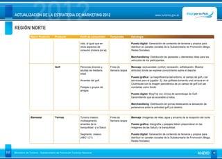 REGIÓN NORTE
                      2012
      ACTUALIZACIÓN DE LA ESTRATEGIA DE MARKETING 2012                                                                          www.turismo.gov.ar




                    Macro Producto        Producto              Perfil de consumidor       Temporada       Estrategia

                                                                vida, al igual que en                      Puesta digital: Generación de contenido de terceros y propios para
                                                                otros aspectos de                          distribuir en canales sociales de la Subsecretaria de Promoción (Blogs,
                                                                consumo (música por ej)                    Redes Sociales)

                                                                                                           Merchandising: Distribución de parasoles y elementos útiles para los
                                                                                                           vehículos de los participantes.

                                          Golf                  Personas jóvenes y         Fines de        Mensaje: exclusividad, confort, recreación, sofisticación. Mostrar
                                                                adultas de mediana         Semana largos   atributos donde se exprese conocimiento sobre el deporte.
                                                                edad.
                                                                                                           Puesta gráfica: La magnificencia del entorno, el campo de golf y los
                                                                Amantes del golf.                          servicios para el jugador. Ej: dos golfistas tomando una cerveza en el
                                                                                                           ClubHouse con la imagen panorámica de un campo de golf con las
                                                                Parejas o grupos de                        montañas como fondo.
                                                                amigos.
                                                                                                           Puesta digital: BlogTrip con clínica de aprendizaje de Golf,
                                                                                                           transmitiendo que es accesible a todos.

                                                                                                           Merchandising: Distribución de gorras destacando la sensación de
                                                                                                           pertenencia entre la actividad golf y el destino.



                    Bienestar             Termas                Turismo masivo             Fines de        Mensaje: Imágenes de relax, agua y encanto de la recepción del norte.
                                                                multisegmento,             Semana largos
                                                                amantes de la                              Puesta gráfica: Geografía y paisajes deben preponderar en las
                                                                tranquilidad y la Salud.                   imágenes de las Salud y la tranquilidad.

                                                                Segmento masivo                            Puesta digital: Generación de contenido de terceros y propios para
                                                                (ABC1,C1)                                  distribuir en canales sociales de la Subsecretaria de Promoción (Blogs,
                                                                                                           Redes Sociales)



151   Ministerio de Turismo - Subsecretaría de Promoción Turística Nacional                                                                                               ANEXO
 