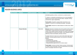 2012
      ACTUALIZACIÓN DE LA ESTRATEGIA DE MARKETING 2012


      REGIÓN BUENOS AIRES
                                                                                                                            www.turismo.gov.ar




                    Macro Producto        Producto              Perfil de consumidor   Temporada      Estrategia

                                                                                                      actividades (grandes y chicos) y servicios en un entorno serrano.

                                                                                                      2. Jóvenes: La motivación de viaje tiene que ver con las actividades y
                                                                                                      deportes que el entorno serrano permite realizar. (escalada, trekking,
                                                                                                      mountain bike, rappel, longboarding).

                                                                                                      Puesta gráfica: Geografía y paisajes deben preponderar en las
                                                                                                      imágenes. El hombre en la inmensidad del paisaje + actividades.

                                                                                                      Puesta digital: Interacción en redes sociales con turistas: fotos, relatos,
                                                                                                      videos.

                                          Parques Naturales                            Todo el año.   Mensaje: Descubrir la naturaleza cerca de los grandes centros urbanos.
                                                                                                      Puesta gráfica: Ciertas acciones de comunicación visuales deberán
                                                                                                      mostrar nuevos lugares (reservas naturales). No focalizar sobre paisajes
                                                                                                      ya posicionados en la mente de los turistas, o bien mostrarlos de forma
                                                                                                      diferente (a través de actividades, personas, eventos)

                                                                                                      El paisaje natural es el marco en el cuál el turista realiza algún tipo de
                                                                                                      actividad. Las piezas gráficas deberán incluir personas y actividades.
                                                                                                      Ejemplo:
                                                                                                      - Jóvenes/aventura.
                                                                                                      - Familia/visita áreas naturales.
                                                                                                      - Grupo de amigos/fiestas tradicionales.
                                                                                                      - Parejas/disfrutando gastronomía en un entorno natural.

                                                                                                      Puesta digital: Involucrar al turista: Generar acciones “motivacionales”
                                                                                                      en medios online que permitan conocer los sentimientos de los turistas
                                                                                                      frente a los paisajes naturales de la región.




155   Ministerio de Turismo - Subsecretaría de Promoción Turística Nacional                                                                                          ANEXO
 