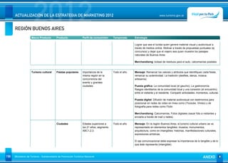 2012
      ACTUALIZACIÓN DE LA ESTRATEGIA DE MARKETING 2012


      REGIÓN BUENOS AIRES
                                                                                                                             www.turismo.gov.ar




                    Macro Producto        Producto              Perfil de consumidor    Temporada      Estrategia

                                                                                                       Lograr que sea el turista quien genere material visual y audiovisual a
                                                                                                       través de medios online. Motivar a través de propuestas puntuales (ej
                                                                                                       concursos) y dejar que el viajero sea quien muestre los paisajes
                                                                                                       naturales de Buenos Aires.

                                                                                                       Merchandising: bolsas de residuos para el auto, calcomanías postales.


                    Turismo cultural      Fiestas populares     Importancia de la       Todo el año.   Mensaje: Remarcar los valores y atributos que identifiquen cada fiesta,
                                                                misma región en la                     remarcar su autenticidad. La tradición (desfiles, danza, música,
                                                                concurrencia del                       artesanía).
                                                                evento y grandes
                                                                ciudades.                              Puesta gráfica: La comunidad local (el gaucho). La gastronomía.
                                                                                                       Rasgos identitarios de la comunidad local y una conexión (el encuentro)
                                                                                                       entre el visitante y el residente. Compartir actividades, momentos, culturas.

                                                                                                       Puesta digital: Difusión de material audiovisual con testimonios para
                                                                                                       posicionar en redes de video en línea como (Youtube, Vimeo) y de
                                                                                                       fotografía para redes como Flickr.

                                                                                                       Merchandising: Calcomanías, Fotos digitales (sacar foto a visitantes y
                                                                                                       enviarla a través de mail o redes).

                                          Ciudades              Edades superiores a     Todo el año    Mensaje: En la región Buenos Aires, el turismo cultural urbano se ve
                                                                los 21 años, segmento                  representado en elementos tangibles: museos, monumentos,
                                                                ABC1,2,3.                              arquitectura, como en intangibles: historias, manifestaciones culturales,
                                                                                                       expresiones artísticas.

                                                                                                       El eje comunicacional debe expresar la importancia de lo tangible y de lo
                                                                                                       que éste representa (intangible).



156   Ministerio de Turismo - Subsecretaría de Promoción Turística Nacional                                                                                          ANEXO
 