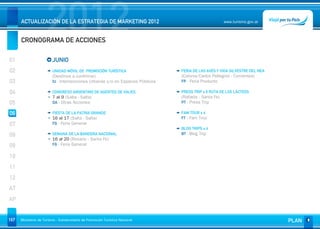 2012
      ACTUALIZACIÓN DE LA ESTRATEGIA DE MARKETING 2012


      CRONOGRAMA DE ACCIONES
                                                                                                       www.turismo.gov.ar




01                       JUNIO
02                       UNIDAD MÓVIL DE PROMOCIÓN TURÍSTICA                    FERIA DE LAS AVES Y VIDA SILVESTRE DEL NEA
                         (Destinos a confirmar)                                 (Colonia Carlos Pellegrini - Corrientes)
03                       IU - Intervenciones Urbanas y/o en Espacios Públicos   FP - Feria Producto

04                       CONGRESO ARGENTINO DE AGENTES DE VIAJES                PRESS TRIP x 6 RUTA DE LOS LÁCTEOS
                         7 al 9 (Salta - Salta)                                 (Rafaela - Santa Fe)
05                       OA - Otras Acciones                                    PT - Press Trip

06                       FIESTA DE LA PATRIA GRANDE                             FAM TOUR x 4
                         16 al 17 (Salta - Salta)                               FT - Fam Tour
07                       FG - Feria General
                                                                                BLOG TRIPS x 4
08                       SEMANA DE LA BANDERA NACIONAL                          BT - Blog Trip
                         16 al 20 (Rosario - Santa Fe)
09                       FG - Feria General


10
11
12
AT
AP


167   Ministerio de Turismo - Subsecretaría de Promoción Turística Nacional                                                  PLAN
 