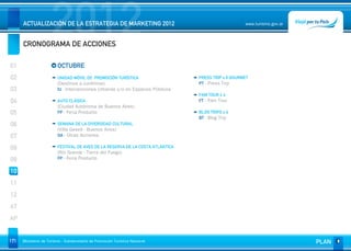 2012
      ACTUALIZACIÓN DE LA ESTRATEGIA DE MARKETING 2012


      CRONOGRAMA DE ACCIONES
                                                                                                    www.turismo.gov.ar




01                       OCTUBRE
02                       UNIDAD MÓVIL DE PROMOCIÓN TURÍSTICA                    PRESS TRIP x 6 GOURMET
                         (Destinos a confirmar)                                 PT - Press Trip
03                       IU - Intervenciones Urbanas y/o en Espacios Públicos
                                                                                FAM TOUR x 4
04                       AUTO CLÁSICA                                           FT - Fam Tour
                         (Ciudad Autónoma de Buenos Aires)
05                       FP - Feria Producto                                    BLOG TRIPS x 4
                                                                                BT - Blog Trip
06                       SEMANA DE LA DIVERSIDAD CULTURAL
                         (Villa Gesell - Buenos Aires)
07                       OA - Otras Acciones

08                       FESTIVAL DE AVES DE LA RESERVA DE LA COSTA ATLÁNTICA
                         (Río Grande - Tierra del Fuego)
09                       FP - Feria Producto


10
11
12
AT
AP


171   Ministerio de Turismo - Subsecretaría de Promoción Turística Nacional                                              PLAN
 