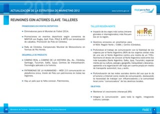 2012
     ACTUALIZACIÓN DE LA ESTRATEGIA DE MARKETING 2012


     REUNIONES CON ACTORES CLAVE. TALLERES
                                                                                                            www.turismo.gov.ar




                                                                                                                                                     Volver

                   PROMOCIONES EN EVENTOS DEPORTIVOS                                  TALLER REGIÓN NORTE

                      Eliminatorias para el Mundial de Futbol 2014.                     Impacto de los viajes más cortos (intrarre-
                                                                                        gionales e interregionales) más frecuen-
                      Promociones en eventos deportivos según convenios de              tes en la región.
                      MINTUR con Rugby, Golf, Polo. POLO & ARTS con tematización
                      de caballos. Promoción de Polo en Córdoba.                        Destinos emisores en prioritarios para
                                                                                        el NOA: Región Norte / CABA / Centro (Córdoba).
                      Rally de Córdoba, Campeonato Mundial de Motociclismo en
                      Termas de Río Hondo.                                              Profundizar el trabajo de comunicación con la fidelidad de los
                                                                                        viajeros por el Norte Argentino (80% de los viajeros visitan más
                   DESARROLLO DE PRODUCTO                                               de una vez el Norte Argentino contra una media de un 70%).
                                                                                        Asimismo el deseo de conocer al Norte Argentino está entre los
                      CAMINO REAL o CAMINO DE LA HISTORIA (Bs. As., Córdoba,            más buscados (Norte Argentino, Salta, Jujuy, Tucumán), especial-
                      Santiago, Tucuman, Salta, Jujuy). Centros de Interpretación.      mente por su cultura, paisaje y geografía, tranquilidad y descanso,
                      Tecnología aplicada a la historia.                                apelando a la organización del viaje por cuenta propia en medio
                                                                                        de transporte automóvil, bus y avión.
                      PATRIMONIO DE LA HUMANIDAD – WEB 2.0 comunicación en
                      plataforma única. Visión de País con patrimonios en todas las     Profundización de las redes sociales dentro del uso que le da
                      regiones.                                                         el turismo a Internet como medio de comunicación, destacando
                                                                                        la necesidad de trabajar con influenciadores y la comunidad
                      Hay un país que te falta conocer. Patrimonios.                    local como “comunicadora” de los destinos locales.

                                                                                      OBJETIVOS

                                                                                        Mantener el crecimiento interanual (8%)

                                                                                        Integrar la comunicación       para toda la región, integrando
                                                                                        cultura y paisaje.



49   Ministerio de Turismo - Subsecretaría de Promoción Turística Nacional                                                                    FASE 1
 