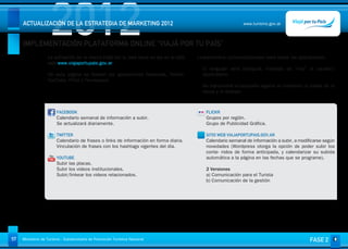 2012
     ACTUALIZACIÓN DE LA ESTRATEGIA DE MARKETING 2012


     IMPLEMENTACIÓN PLATAFORMA ONLINE “VIAJÁ POR TU PAÍS”
                                                                                                              www.turismo.gov.ar




                   La activación de la marca Viajá por tu país tiene su eje en el sitio   Lineamientos comunicacionales para todas las aplicaciones:
                   web www.viajaportupais.gov.ar.
                                                                                            El lenguaje será coloquial, tratando de “vos” al usuario/
                   De esta página se linkean las aplicaciones Facebook, Twitter,            destinatario.
                   YouTube, Flickr y Foursquare.
                                                                                            Se transmitirá la campaña vigente al momento (a través de lo
                                                                                            visual y lo textual).



                        FACEBOOK                                                             FLICKR
                        Calendario semanal de información a subir.                           Grupos por región.
                        Se actualizará diariamente.                                          Grupo de Publicidad Gráfica.
                         
                        TWITTER                                                              SITIO WEB VIAJAPORTUPAIS.GOV.AR
                        Calendario de frases o links de información en forma diaria.         Calendario semanal de información a subir, a modificarse según
                        Vinculación de frases con los hashtags vigentes del día.             novedades (Wordpress otorga la opción de poder subir los
                                                                                             conte- nidos de forma anticipada, y calendarizar su subida
                        YOUTUBE                                                              automática a la página en las fechas que se programe).
                        Subir las placas.
                        Subir los videos institucionales.                                    2 Versiones
                        Subir/linkear los videos relacionados.                               a) Comunicación para el Turista
                                                                                             b) Comunicación de la gestión




57   Ministerio de Turismo - Subsecretaría de Promoción Turística Nacional                                                                     FASE 2
 