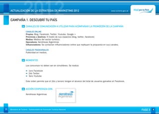 2012
     ACTUALIZACIÓN DE LA ESTRATEGIA DE MARKETING 2012


     CAMPAÑA 1. DESCUBRÍ TU PAÍS
                                                                                                               www.turismo.gov.ar




                    04 CANALES DE COMUNICACIÓN A UTILIZAR PARA ACOMPAÑAR LA PROMOCIÓN DE LA CAMPAÑA

                        CANALES ONLINE
                        Propios: Blog, Facebook, Twitter, Youtube, Google +
                        Provincias y destinos: A través de sus espacios (blog, twitter, facebook)
                        Medios: Medios del sector turístico.
                        Operadores: Aerolíneas Argentinas
                        Influenciadores: Se contactan influenciadores online que repliquen la propuesta en sus canales.
                         
                        CANALES TRADICIONALES
                        Publicidad en medios.


                    05 MOMENTOS

                        Los concursos no deben ser en simultáneo. Se realiza:
                         
                           1ero Facebook
                           2do Twitter
                           3ero Youtube
                         
                        Este orden permite que el 2do y tercero tengan el alcance del total de usuarios ganados en Facebook.


                    06 ACCIÓN COOPERADA CON:

                        Aerolíneas Argentinas




71   Ministerio de Turismo - Subsecretaría de Promoción Turística Nacional                                                          FASE 3
 