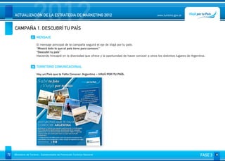 2012
     ACTUALIZACIÓN DE LA ESTRATEGIA DE MARKETING 2012


     CAMPAÑA 1. DESCUBRÍ TU PAÍS
                                                                                                                www.turismo.gov.ar




                    07 MENSAJE

                        El mensaje principal de la campaña seguirá el eje de Viajá por tu país:
                        “Mostrá todo lo que el país tiene para conocer.”
                        “Descubrí tu país”
                        Haciendo hincapié en la diversidad que ofrece y la oportunidad de hacer conocer a otros los distintos lugares de Argentina.
                         

                    08 TERRITORIO COMUNICACIONAL

                        Hay un País que te Falta Conocer: Argentina – VIAJÁ POR TU PAÍS.




72   Ministerio de Turismo - Subsecretaría de Promoción Turística Nacional                                                                     FASE 3
 