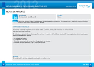 2012
     ACTUALIZACIÓN DE LA ESTRATEGIA DE MARKETING 2012


     FICHAS DE ACCIONES
                                                                                                                        www.turismo.gov.ar




                                APLICABLE A                                                             ALCANCE

                     10         Eliminatorias de fútbol. Brasil 2014                                    Masivo


                   ACCIÓN     Generar un concurso viral en medios sociales digitales para el evento deportivo “Eliminatorias” con el objetivo de promover destinos
                              turísticos de las sedes de la eliminatoria Mundial.


                   JUSTIFICACIÓN Y DESARROLLO

                   Incrementar la masa de seguidores en los canales online. Además el premio podrá posicionar a la marca asociada
                   (ejemplo: Aerolíneas Argentinas)

                   Se utilizará una aplicación desarrollada específicamente para la acción en la Red Social Facebook. El alcance y la efectividad de una campaña
                   están vinculados a varios factores:

                   • Lo motivador del premio
                   • La facilidad en concursar
                   • El nivel de conocimiento de marca, sobre el organizador del concurso
                   • El nivel de recursos destinados a dar a conocer el concurso.




                   MENCIÓN
                   Se podrá medir la cantidad de seguidores e impacto en medios online.




89   Ministerio de Turismo - Subsecretaría de Promoción Turística Nacional                                                                                FICHAS
 