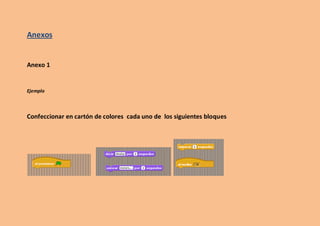Anexos


Anexo 1


Ejemplo



Confeccionar en cartón de colores cada uno de los siguientes bloques
 